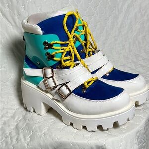 Cape Robbin Dollskin Platform Rave Boots - Blue/Green/Yellow/White - Size 11